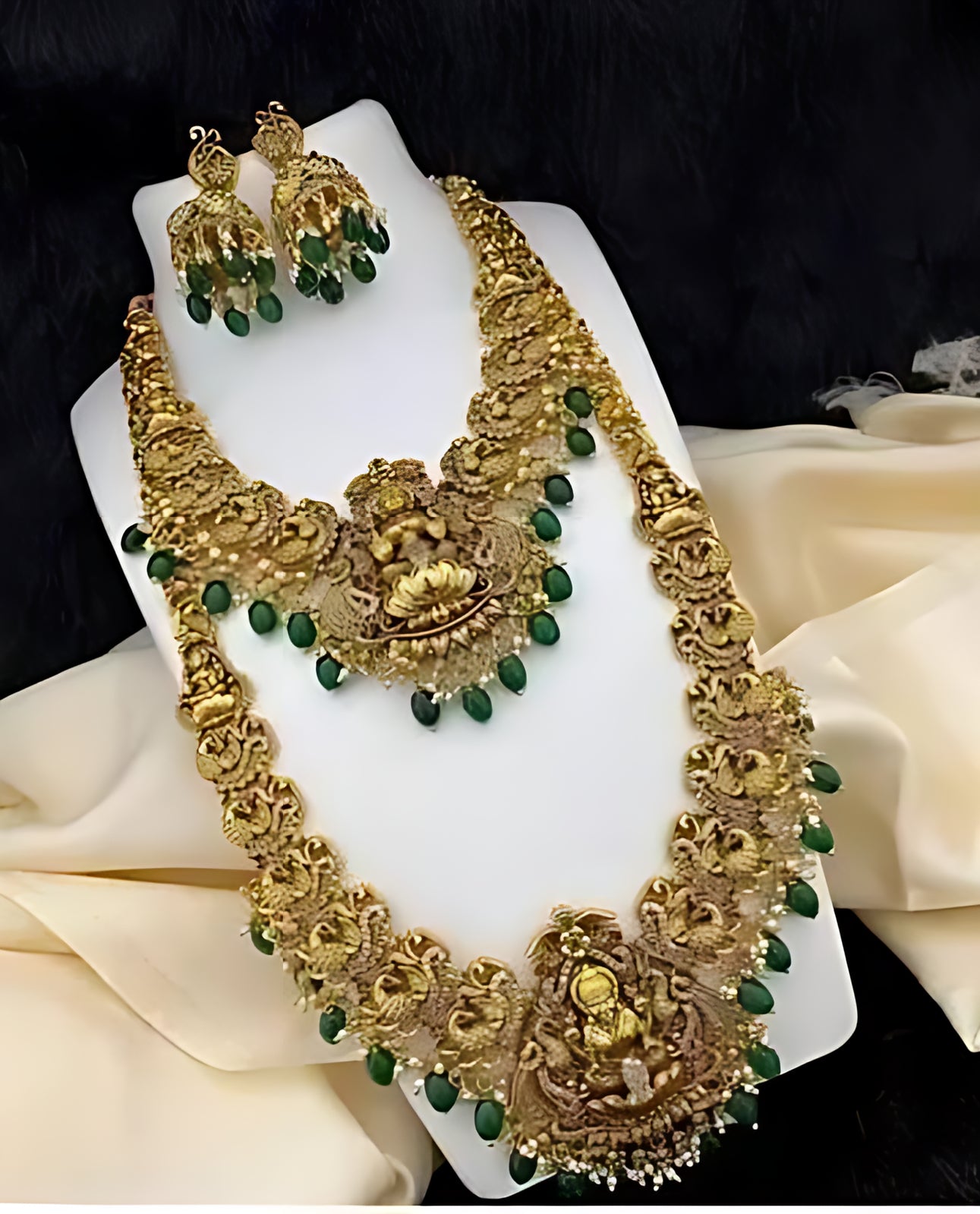 Jewel City Premium Gold Plated Double Layer Lakshmi Temple Necklace Set with Emerald Green Beads | Traditional Wedding Jewelry