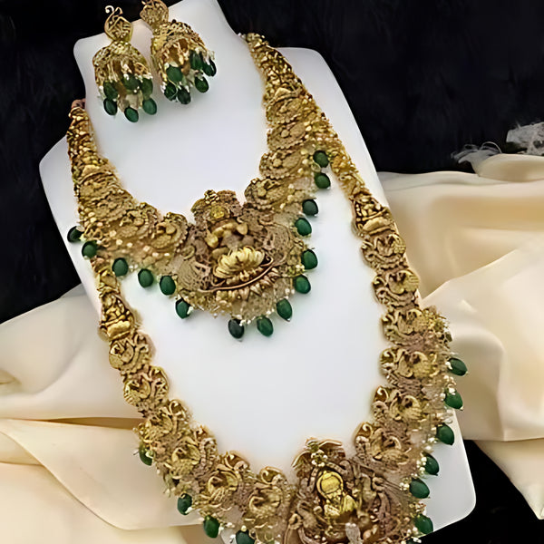 Jewel City Premium Gold Plated Double Layer Lakshmi Temple Necklace Set with Emerald Green Beads | Traditional Wedding Jewelry
