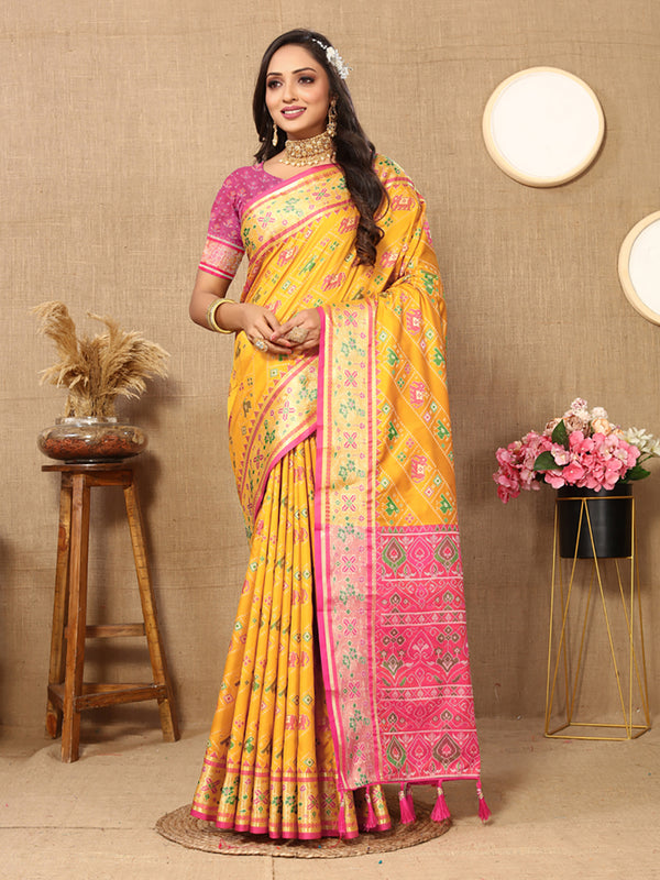 Lorenvalley Fashion Gold Patola Silk Woven Design with Zari Meenakari Weaving motifs Pallu Saree - Distacart