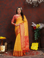 Thumbnail for Lorenvalley Fashion Gold Organza Silk Woven Design with Rich Meenakari Weaving Pallu Saree - Distacart