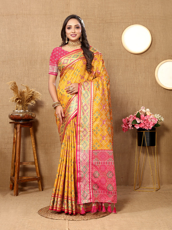 Lorenvalley Fashion Gold Patola Silk Woven Design with Zari Meenakari Weaving motifs Pallu Saree - Distacart