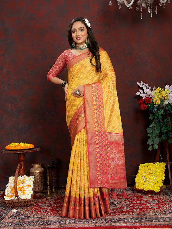 Lorenvalley Fashion Gold Organza Silk Woven Design with Rich Meenakari Weaving Pallu Saree - Distacart