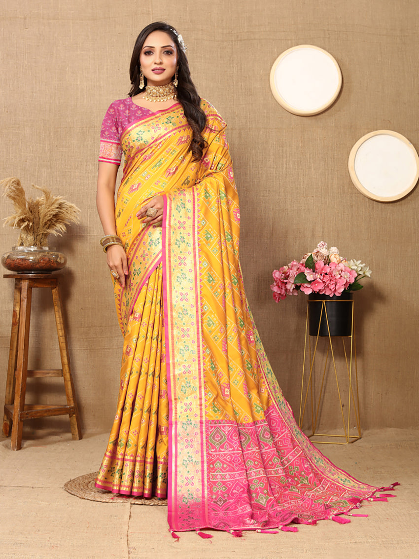 Lorenvalley Fashion Gold Patola Silk Woven Design with Zari Meenakari Weaving motifs Pallu Saree - Distacart