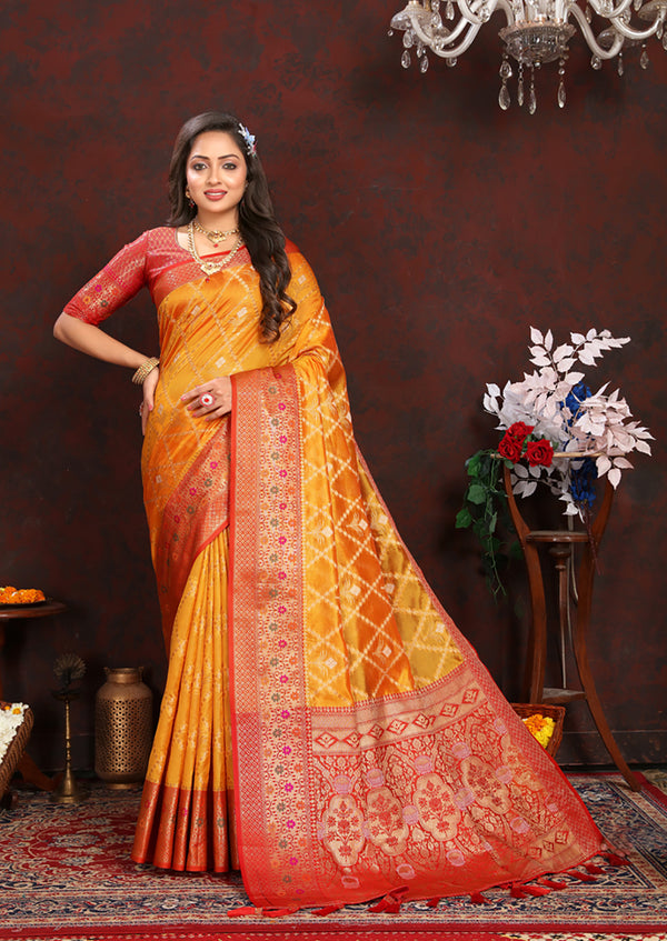 Lorenvalley Fashion Gold Organza Silk Woven Design with Rich Meenakari Weaving Pallu Saree - Distacart