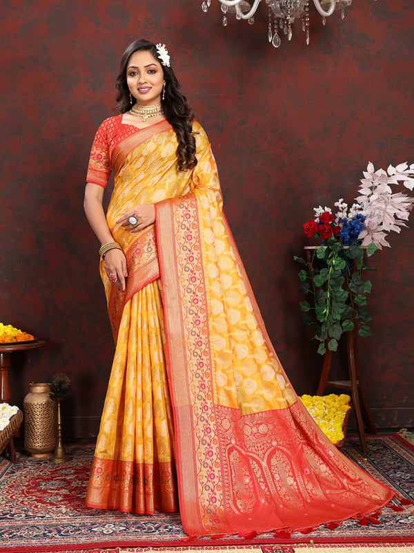 Lorenvalley Fashion Gold Organza Silk Woven Design with Rich Meenakari Weaving Pallu Saree - Distacart
