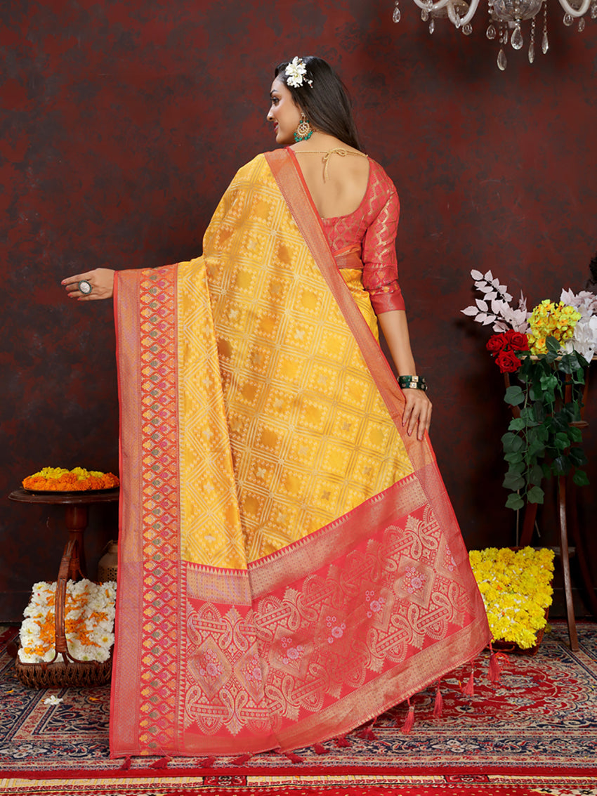 Lorenvalley Fashion Gold Organza Silk Woven Design with Rich Meenakari Weaving Pallu Saree - Distacart