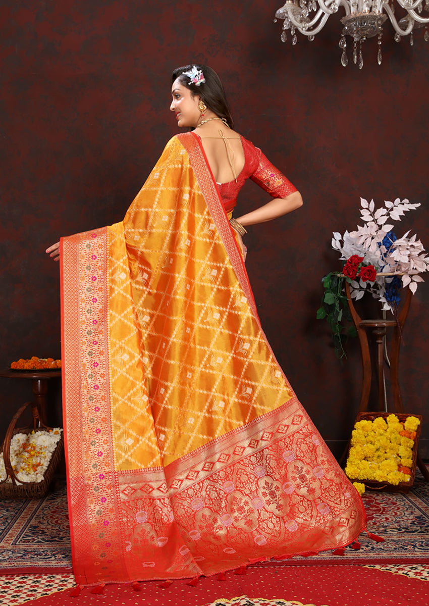 Lorenvalley Fashion Gold Organza Silk Woven Design with Rich Meenakari Weaving Pallu Saree - Distacart