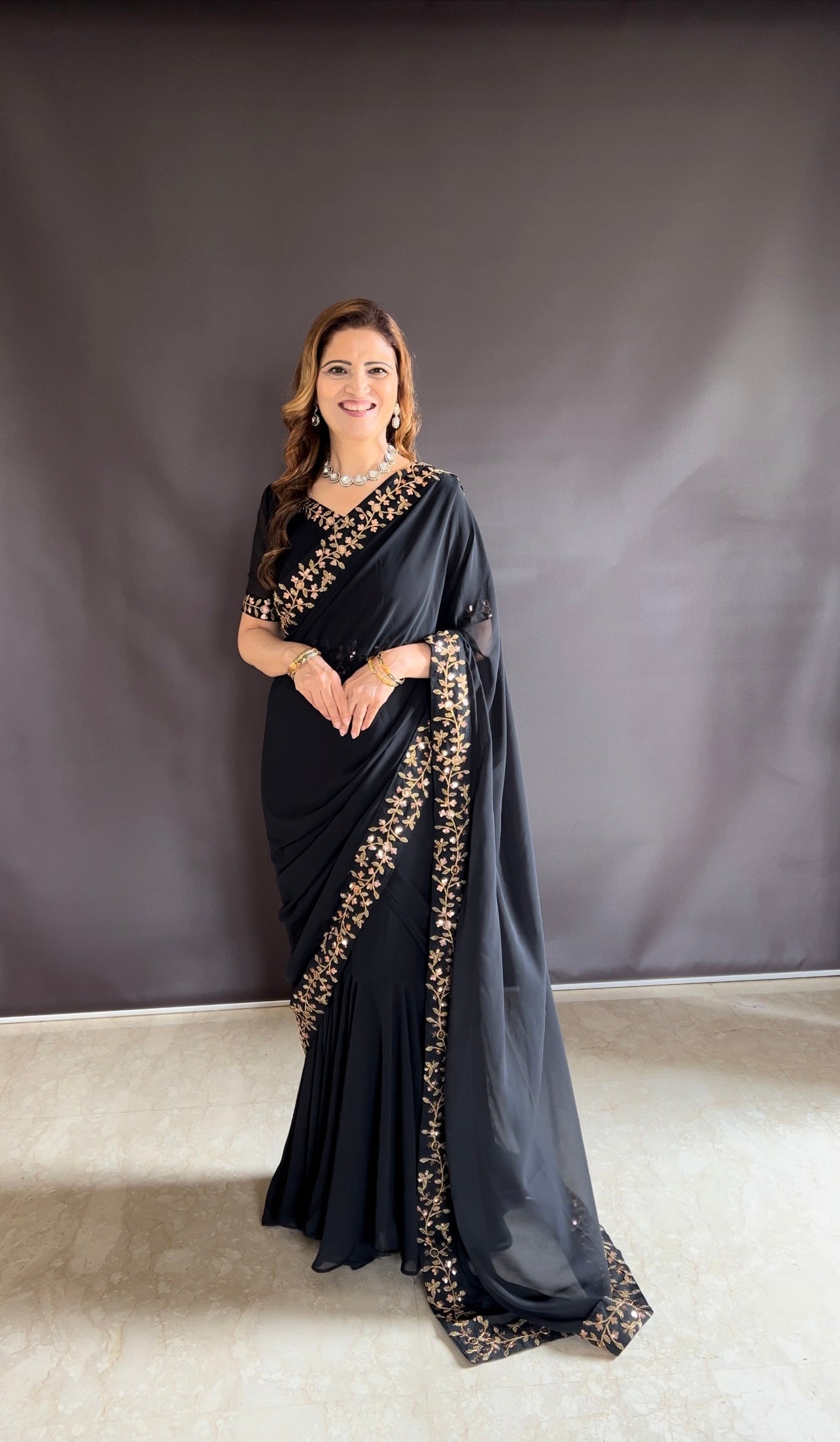 Teeya Creation Black Color Faux Georgette Fabric Heavy Embroidery Work Gown Style Fully Stitched Saree - Distacart