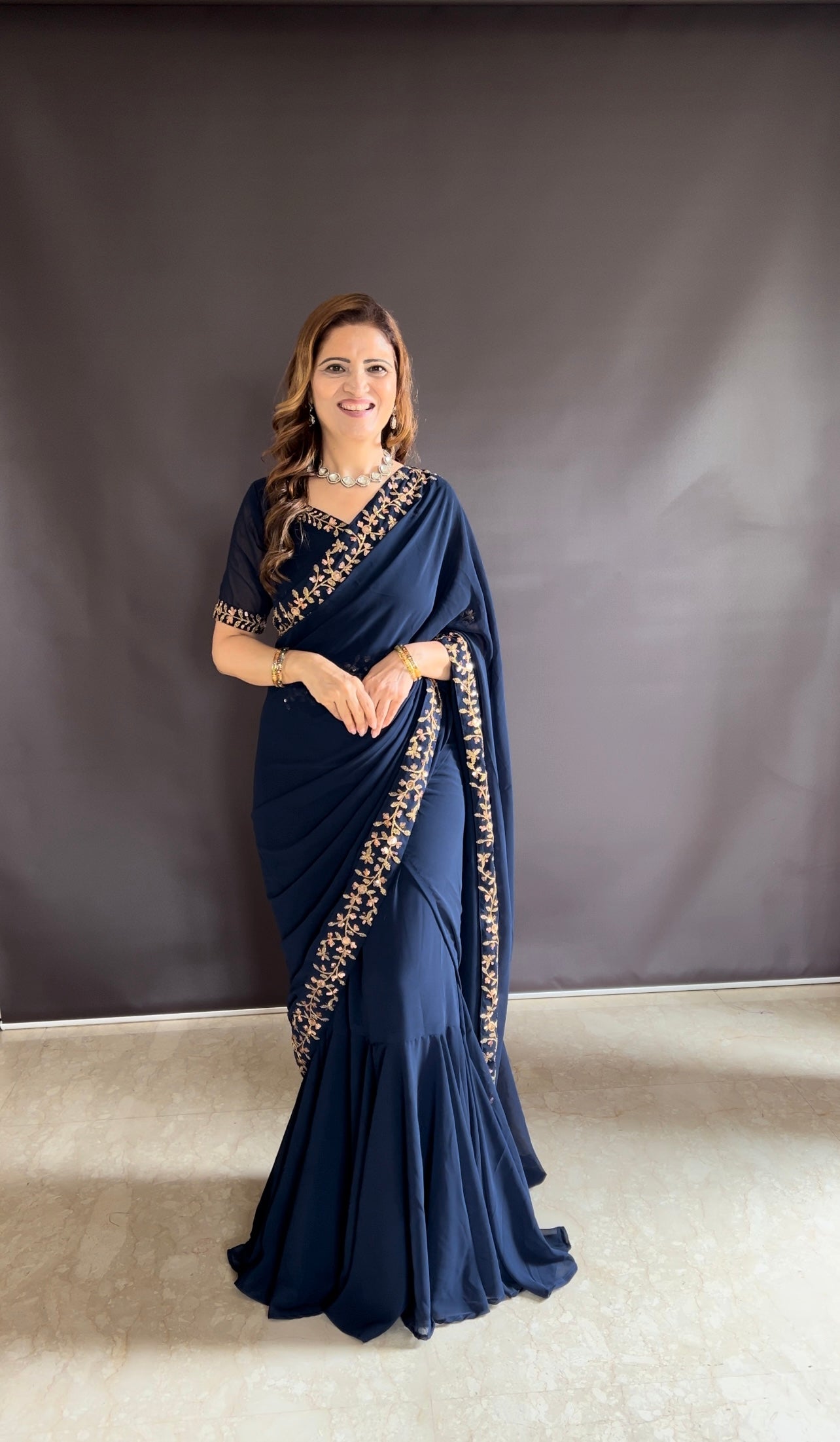 Teeya Creation Blue Color Faux Georgette Fabric Heavy Embroidery Work Gown Style Fully Stitched Saree - Distacart