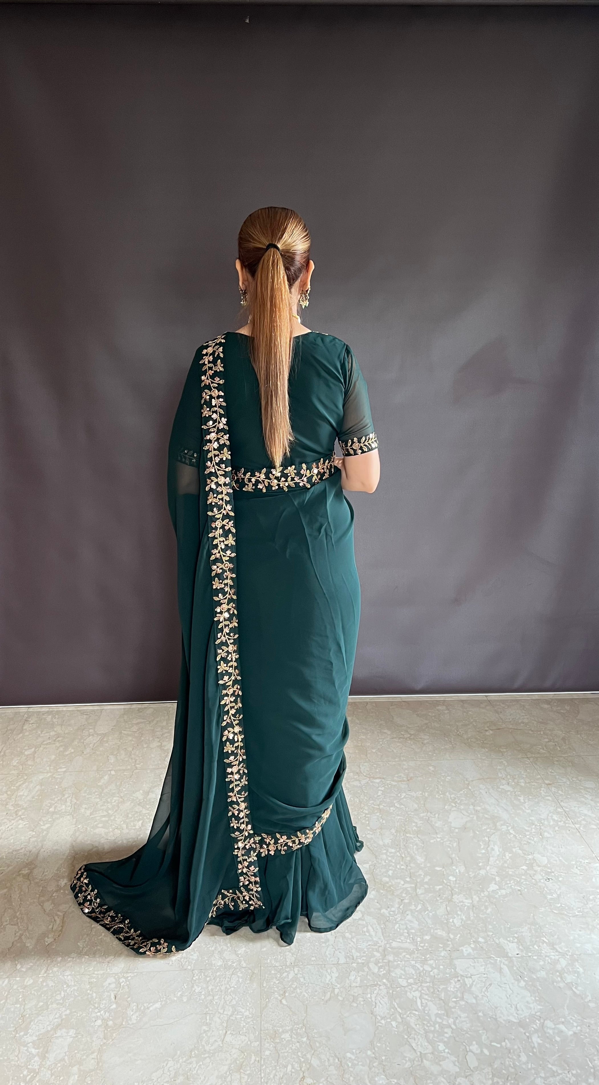 Teeya Creation Green Color Faux Georgette Fabric Heavy Embroidery Work Gown Style Fully Stitched Saree - Distacart