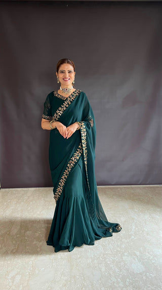 Teeya Creation Green Color Faux Georgette Fabric Heavy Embroidery Work Gown Style Fully Stitched Saree - Distacart