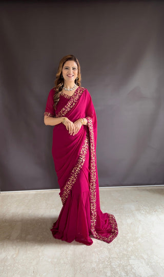 Teeya Creation Pink Color Faux Georgette Fabric Heavy Embroidery Work Gown Style Fully Stitched Saree - Distacart