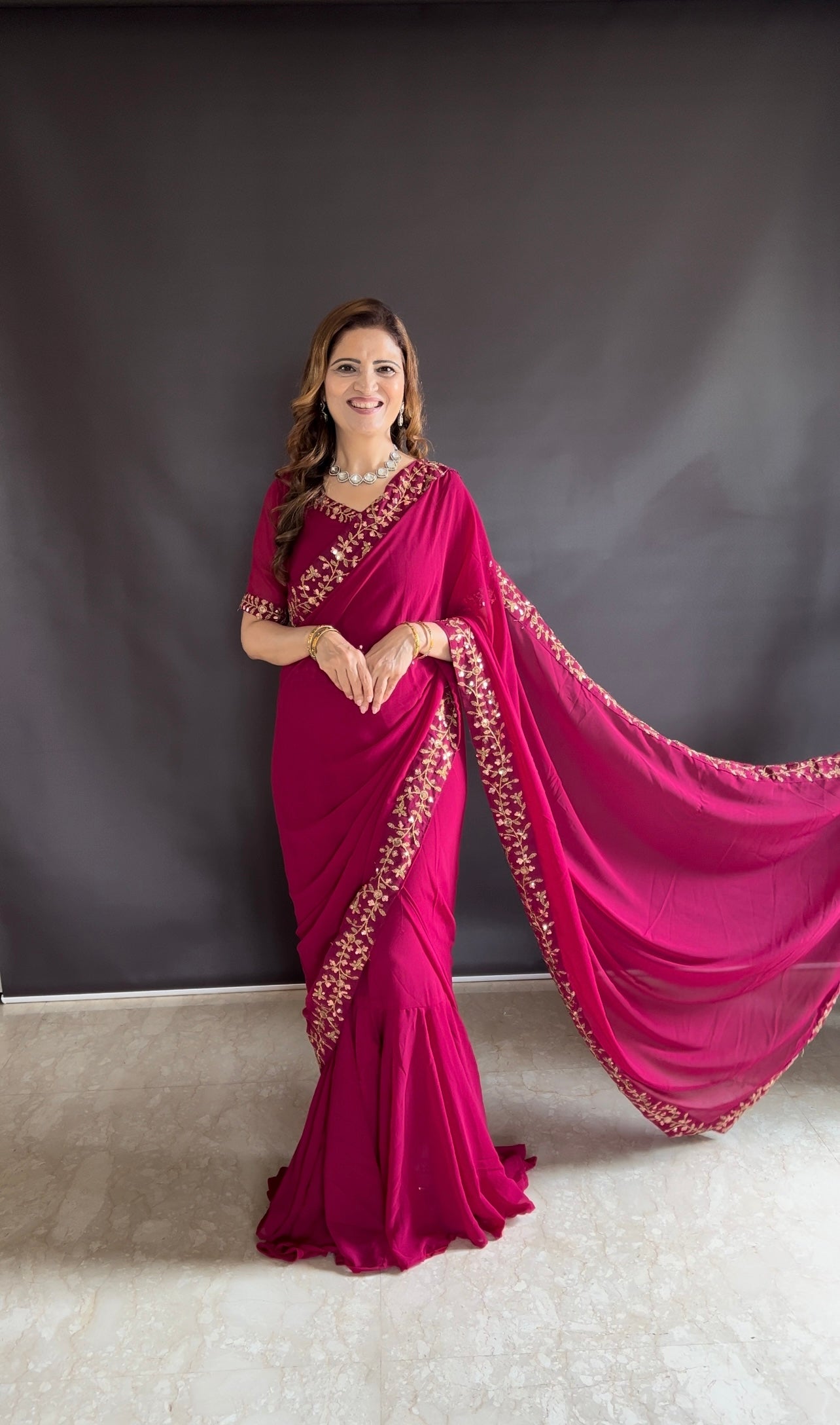 Teeya Creation Pink Color Faux Georgette Fabric Heavy Embroidery Work Gown Style Fully Stitched Saree - Distacart