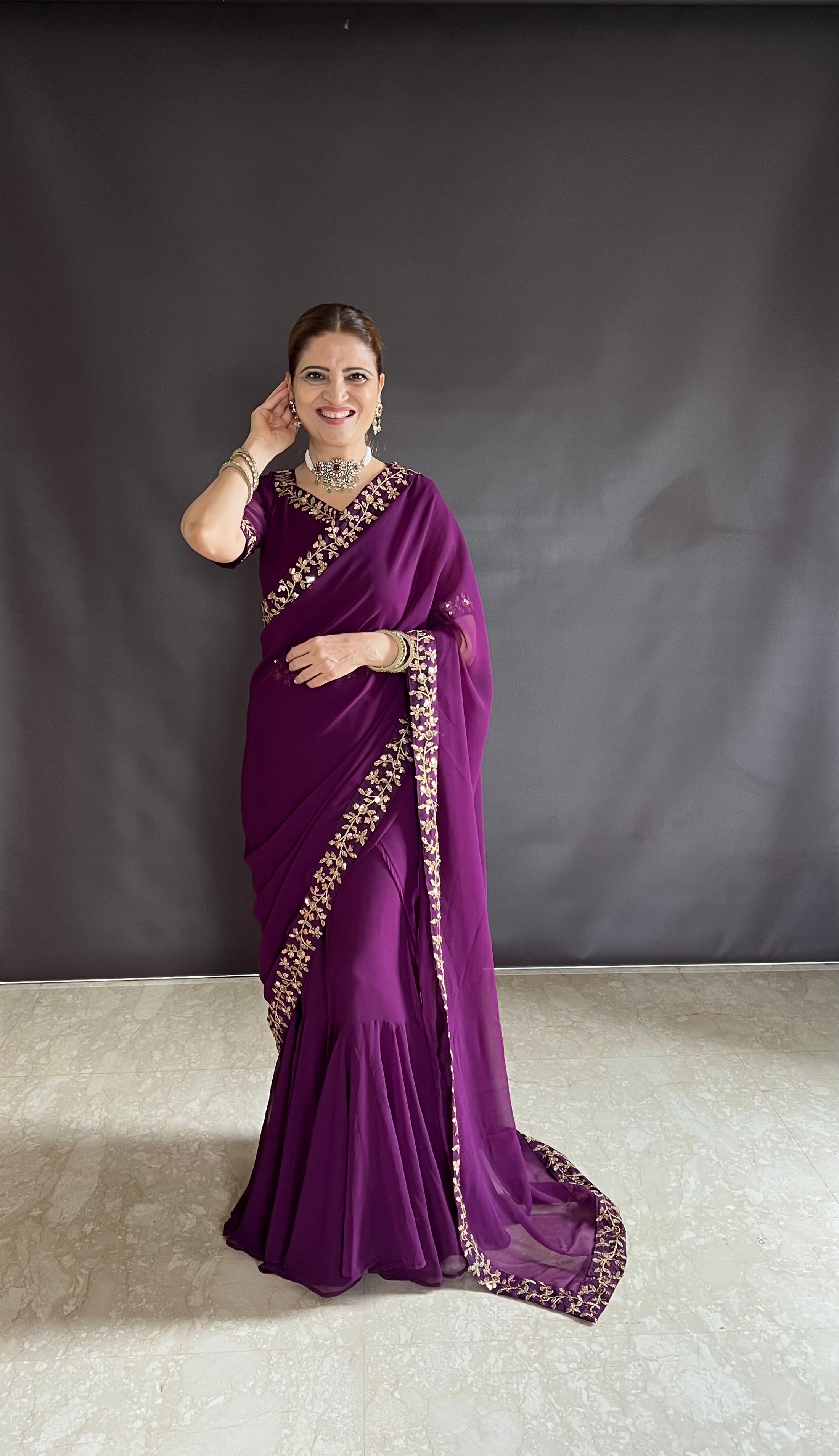Teeya Creation Rani Color Faux Georgette Fabric Heavy Embroidery Work Gown Style Fully Stitched Saree - Distacart