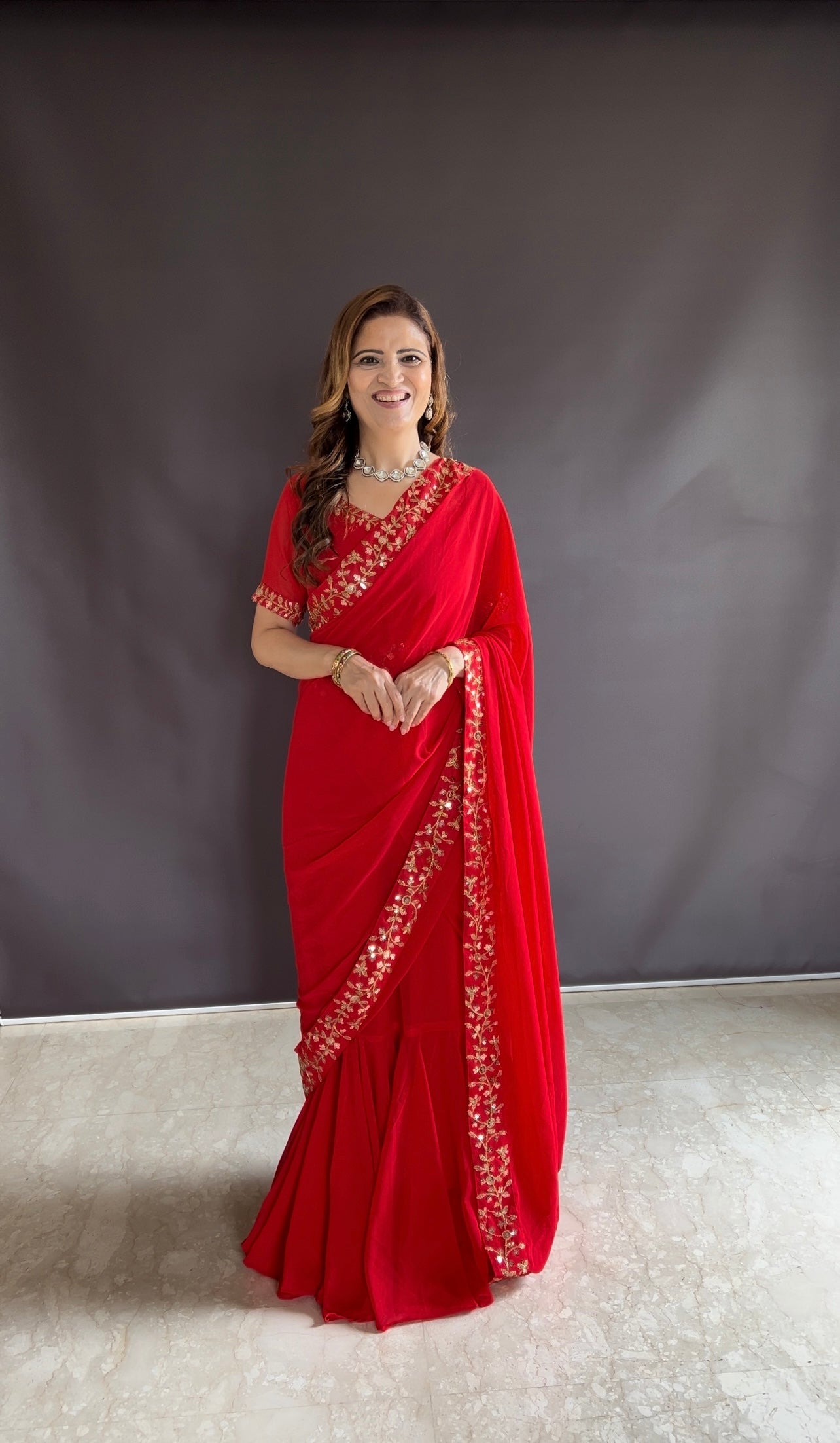 Teeya Creation Red Color Faux Georgette Fabric Heavy Embroidery Work Gown Style Fully Stitched Saree - Distacart