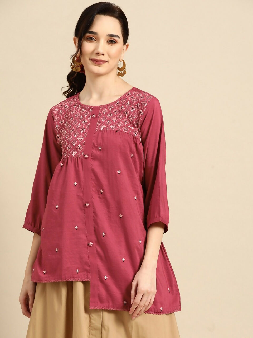 Women's Pink Viscose blend Embroidered Short Top - Marina - Distacart