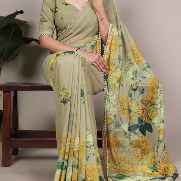 Vastranavya Mehendi Weightless Marble and Floral Printed Georgette Saree with Unstitched Blouse - Distacart