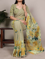 Thumbnail for Vastranavya Mehendi Weightless Marble and Floral Printed Georgette Saree with Unstitched Blouse - Distacart