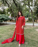 Thumbnail for Preksha Creation Designer Suit on Heavy Faux Georgette Fabric With Thread & Sequence With Pearl Work with Palazzo and Dupatta - Red - Distacart