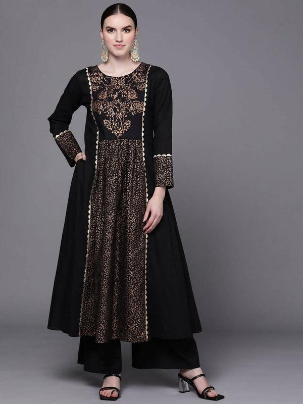 Ahalyaa Women Black Floral Printed Pure Cotton Kurta with Palazzos - Distacart