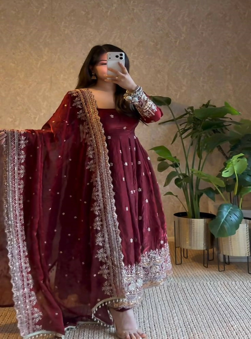 Teeya Creation Dark Maroon Heavily Embroidered Festive Wear Anarkali Salwar Suit - Dista