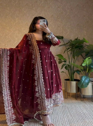 Teeya Creation Dark Maroon Heavily Embroidered Festive Wear Anarkali Salwar Suit - Dista