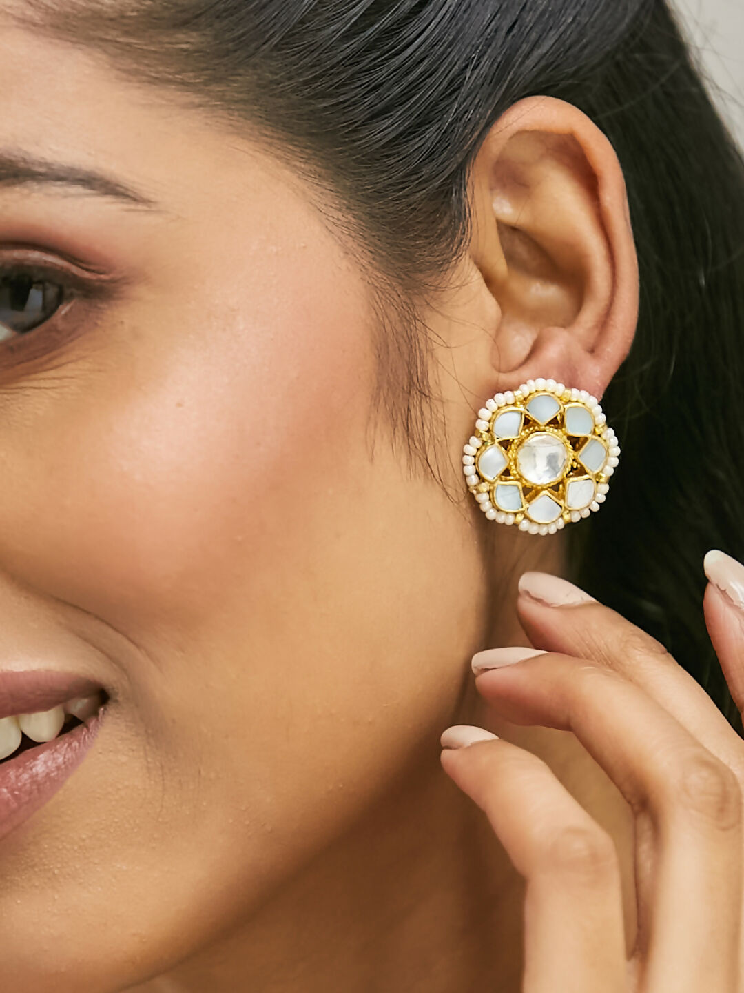 Nuyug 22K Gold-Plated Elegant Kundan Studded & Pearls Beaded Floral Studs