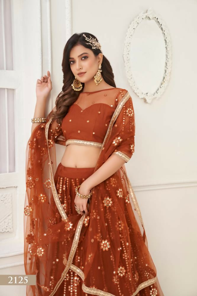Aastha Fashion Brown Butterfly Net Tone To Tone Thread Work And Mirror Work Embroidery Wedding Wear Lehenga Choli - Distacart