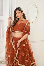 Thumbnail for Aastha Fashion Brown Butterfly Net Tone To Tone Thread Work And Mirror Work Embroidery Wedding Wear Lehenga Choli - Distacart