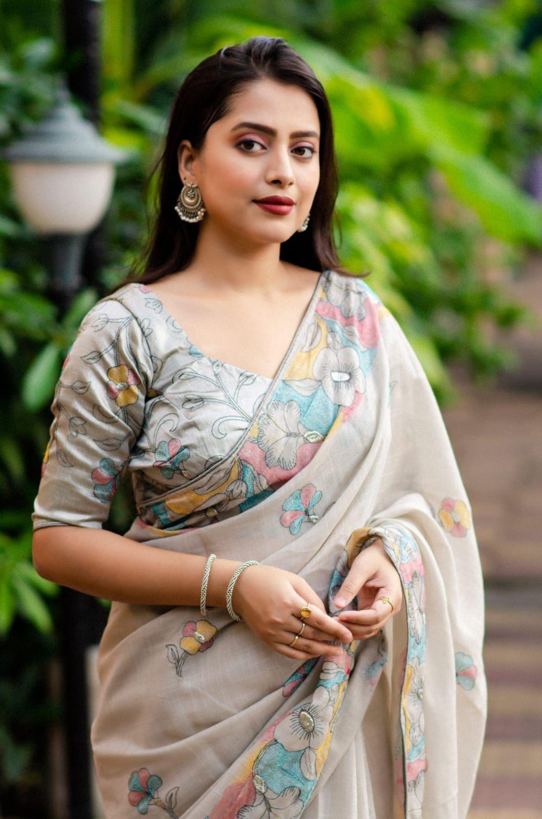 Grey Pure Linen Ethnic Motifs Saree with Unstitched Blouse - A2M