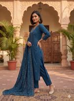 Thumbnail for Teeya Creation Ready-To-Wear Dark Blue Chinon Salwar Suit Set With Thread And Sequence Work Set - Dista