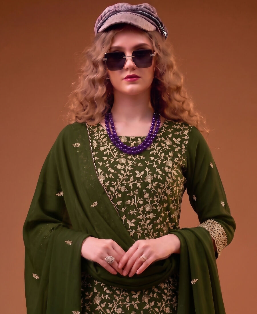 KC Mahendi Green Straight Suit For Women Georgette Fabric - Dista