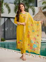 Thumbnail for The52 Yellow Women's Gorgeous Embroidered work Viscose Gadhwal Fabric Straight Kurta, Pant and Dupatta Set - Distacart