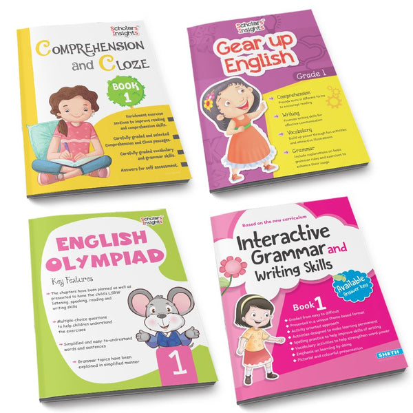 Grade 1 Ultimate English Combo Practice Workbooks Set of 4: Grammar, Writing Skills, Olympiad Prep, and Gear Up English| Ages 6-7 Years