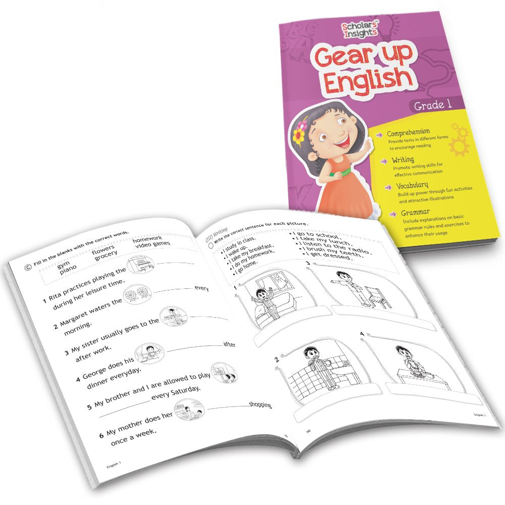 Grade 1 Ultimate English Combo Practice Workbooks Set of 4: Grammar, Writing Skills, Olympiad Prep, and Gear Up English| Ages 6-7 Years