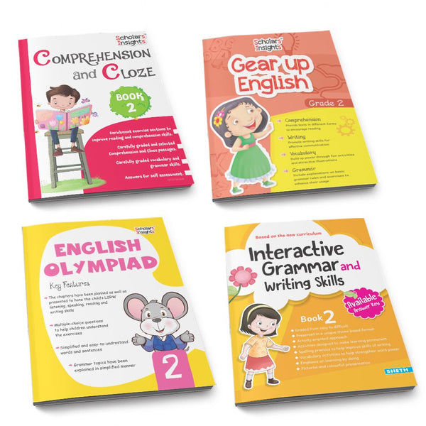 Grade 2 Ultimate English Combo Practice Workbooks Set of 4: Grammar, Writing Skills, Olympiad Prep, and Gear Up English| Ages 7-8 Years