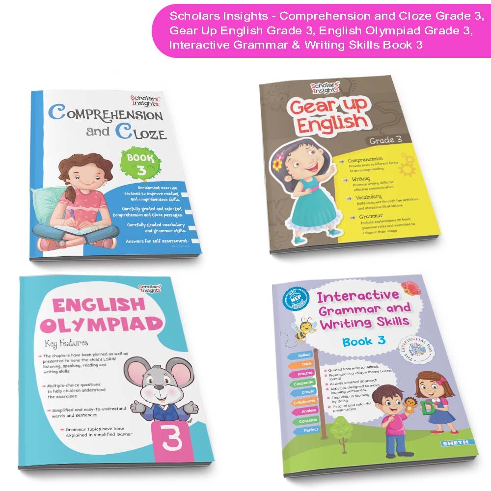 Grade 3 Ultimate English Combo Practice Workbooks Set of 4: Grammar, Writing Skills, Olympiad Prep, and Gear Up English| Ages 8-9 Years - Distacart