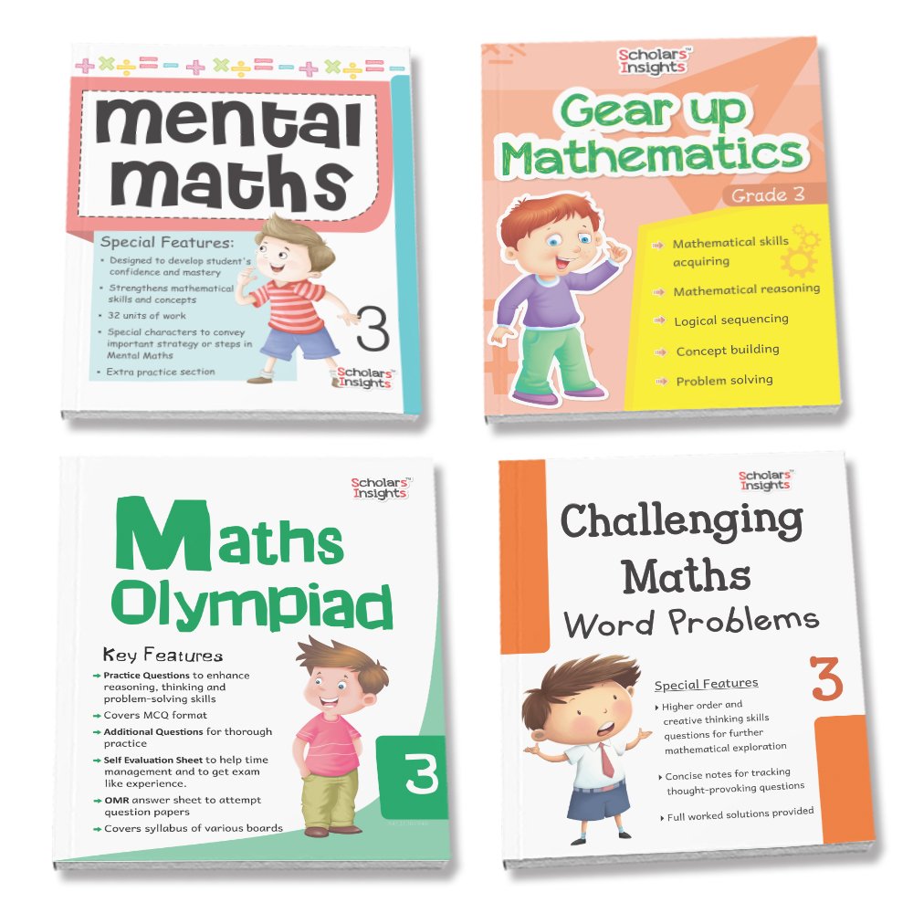 Grade 3 Comprehensive Learning with Mathematics Workbooks Set of 4 Ages 8-9 Years: Gear Up Math, Mental Math, Olympiad, and Challenging Word Problems - Distacart