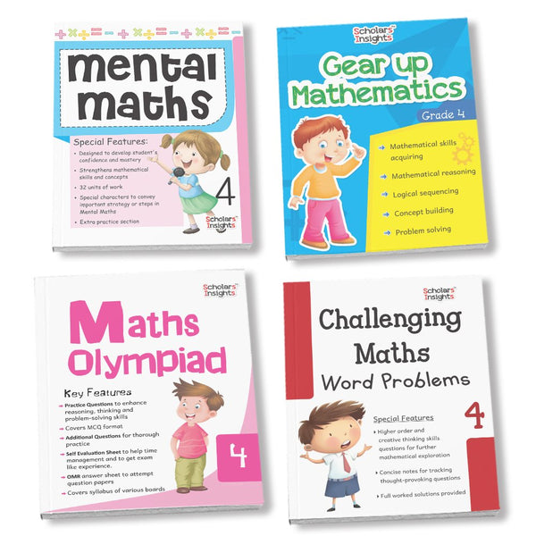 Grade 4 Comprehensive Learning with Mathematics Workbooks Set of 4 Ages 9-10 Years: Gear Up Math, Mental Math, Olympiad, and Challenging Word Problems