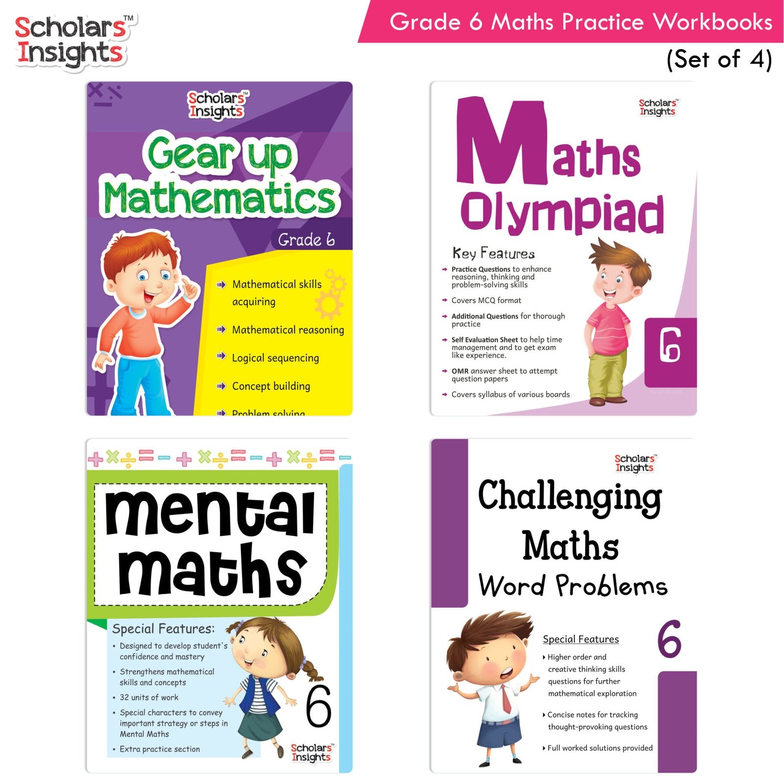 Grade 6 Comprehensive Learning with Mathematics Workbooks Set of 4 Ages 11-12 Years: Gear Up Math, Mental Math, Olympiad, Challenging Word Problems - Distacart