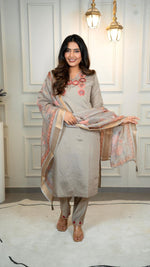 Thumbnail for Lorenvalley Fashion Grey Roman Silk Embroidery Multi with Sequence Work Kurta Pant with Dupatta