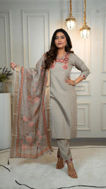Thumbnail for Lorenvalley Fashion Grey Roman Silk Embroidery Multi with Sequence Work Kurta Pant with Dupatta