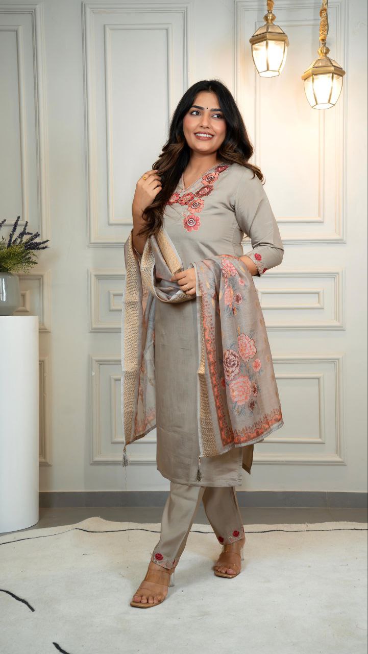 Lorenvalley Fashion Grey Roman Silk Embroidery Multi with Sequence Work Kurta Pant with Dupatta