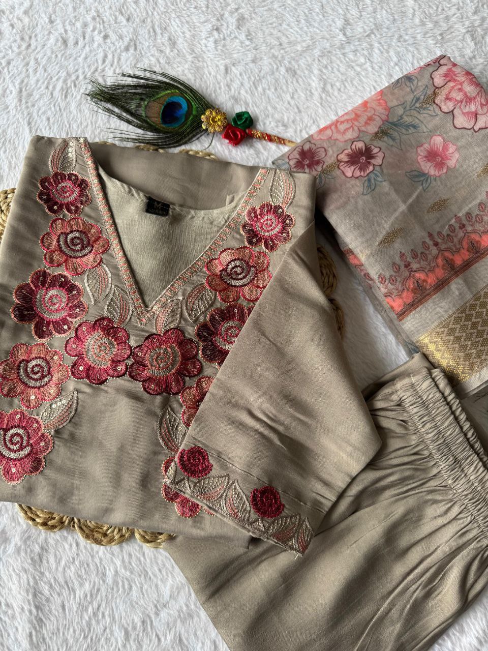 Lorenvalley Fashion Grey Roman Silk Embroidery Multi with Sequence Work Kurta Pant with Dupatta