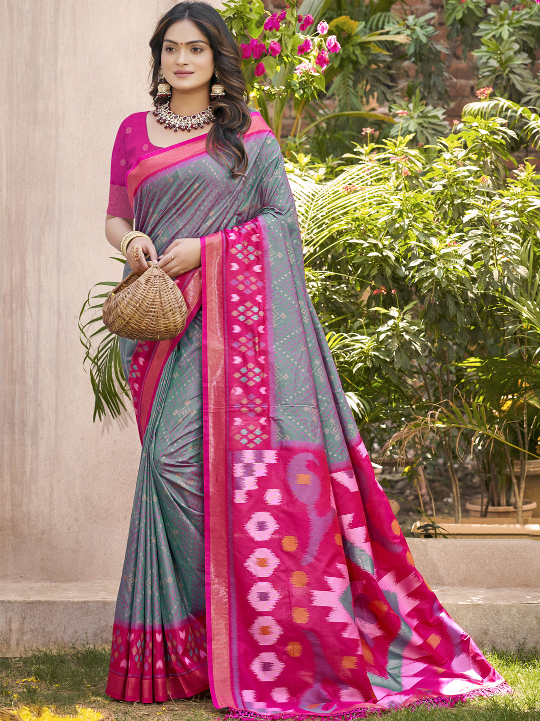 Anaita Grey Pochampally Silk Saree With Floral Printed Work With Blouse - Distacart