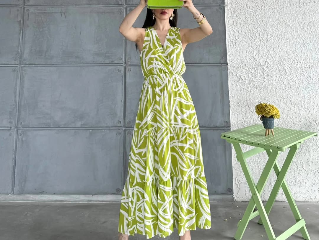 Pimu Viscose Patterned Summer Dress - Elastic Waist, V-Neck - Green