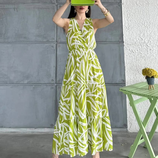 Pimu Viscose Patterned Summer Dress - Elastic Waist, V-Neck - Green