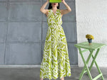 Thumbnail for Pimu Viscose Patterned Summer Dress - Elastic Waist, V-Neck - Green