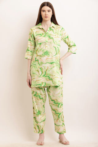 PAVONINE Green Color Ted-Dye Printed Cord Set For Women - Distacart