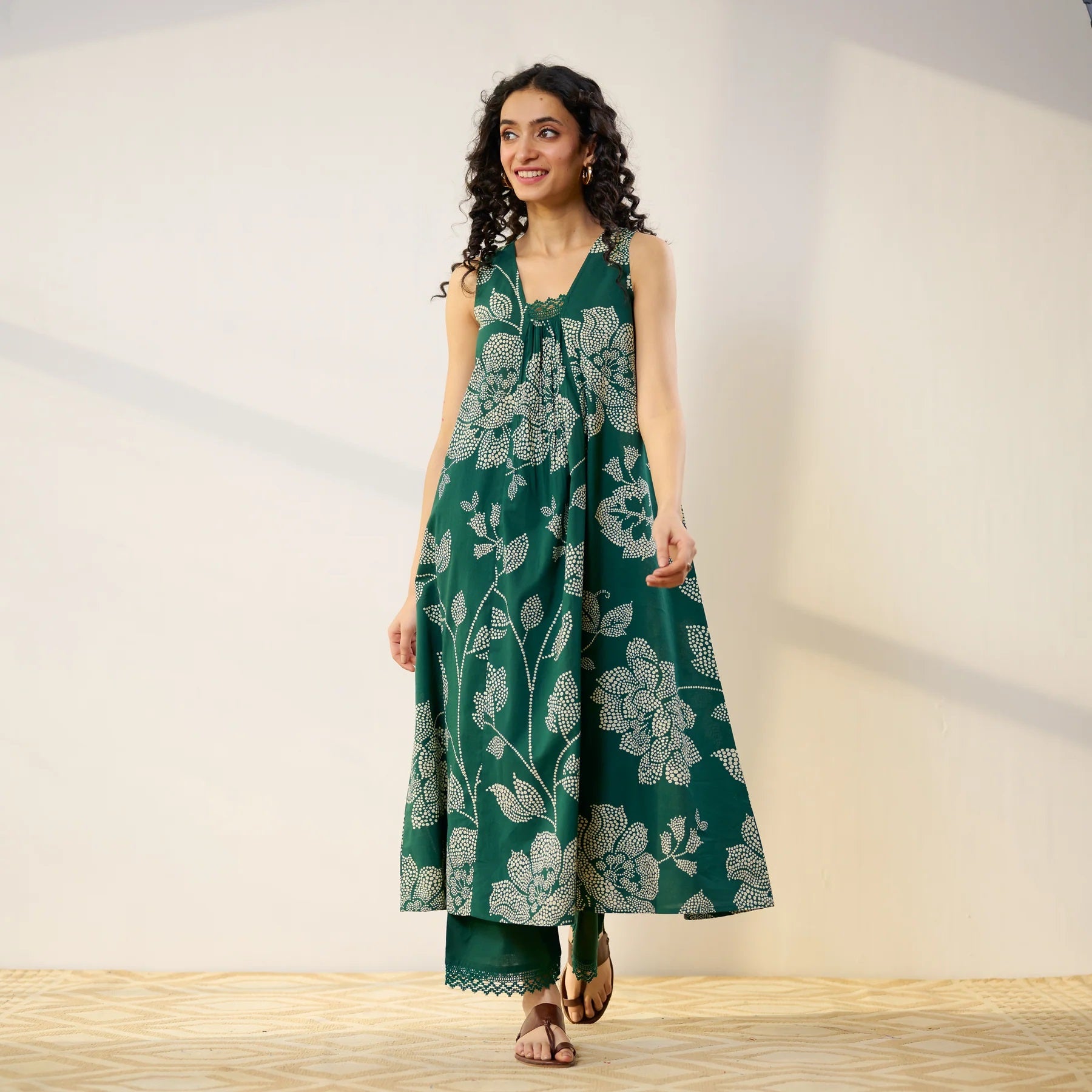 Pimu Women Floral Printed Pleated Pure Cotton Kurta with Palazzos-Green - Distacart